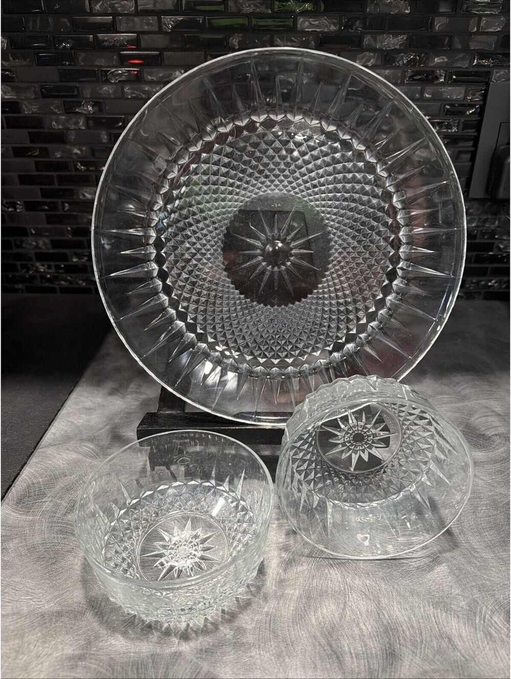 Vintage ClR Glass Bowls & Plate Set Starburst Diamond Pattern USA Arcoroc Style